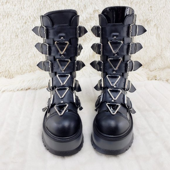 Slacker Goth Punk Platform Triangle Details Mid Calf Boots 160 - Picture 9 of 12